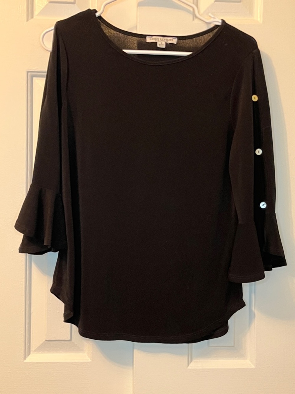 Green Envelope Black 3/4 Sleeve Button Blouse Career Size S